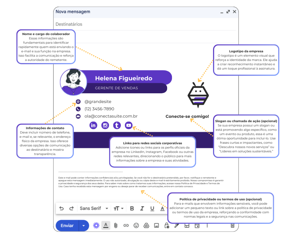 Assinatura de e-mail corporativa bem estruturada com destaque para o nome, cargo, logotipo da empresa, informações de contato, links para redes sociais e políticas de privacidade, reforçando profissionalismo e transparência.